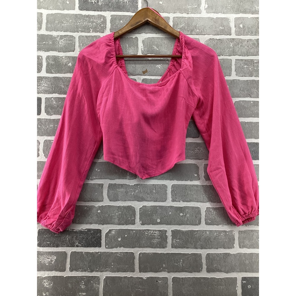 Dry Goods Pink Linen Blend Long Sleeve Crop Top Tie Back PD411012DG Size M